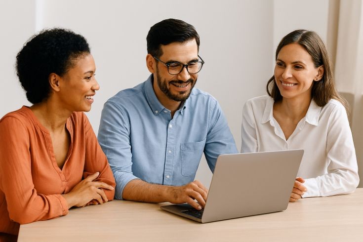hero-img-01 Three professionals collaborating at a desk with a laptop, representing teamwork and digital learning.